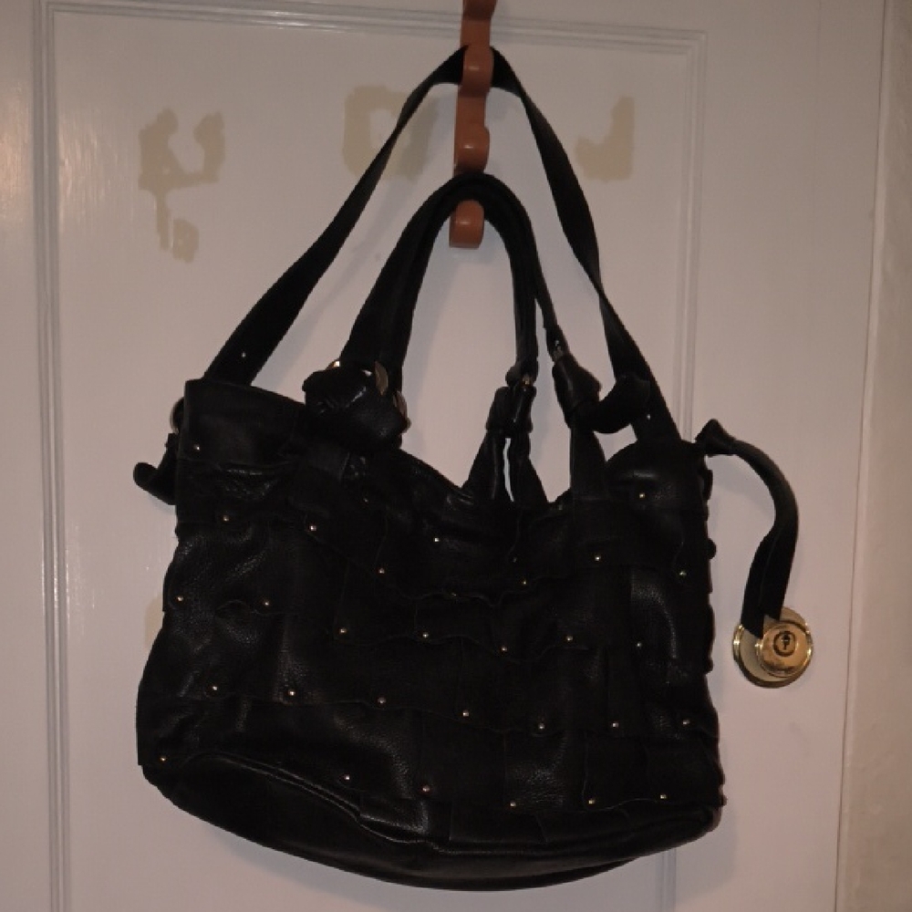 B. Makowsky | Black Studded 100% Genuine Leather Shoulder Bag With Dustbag